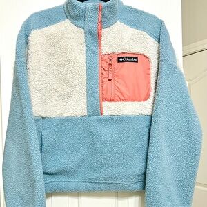 SOLD Columbia Women’s 3/4 Sherpa Fleece Pullover - Stone Blue/Cream/Coral